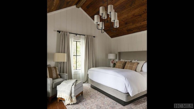 bedroom with hardwood / wood-style floors, lofted ceiling, a notable chandelier, wooden ceiling, and wooden walls