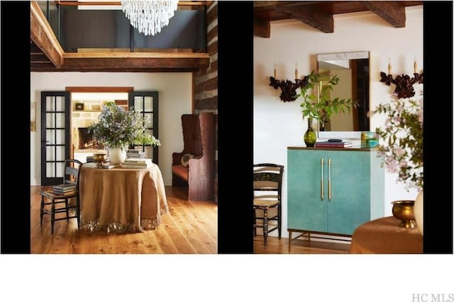 dining room with beam ceiling, an inviting chandelier, and wood-type flooring