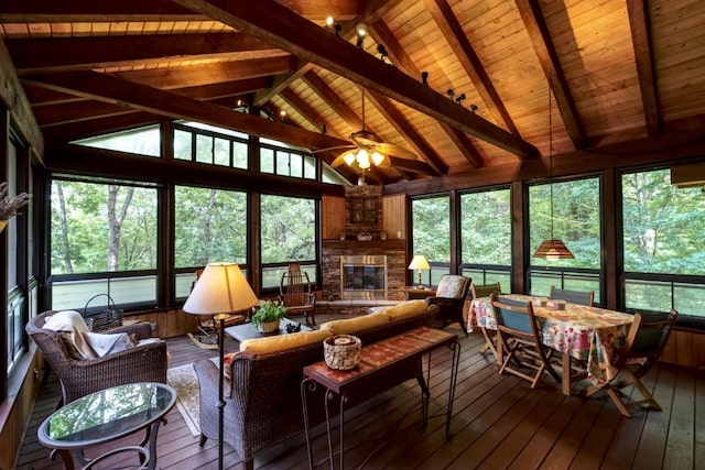 40 Piney Ridge Ct, Sapphire, NC 28774 - sunroom / solarium featuring ceiling fan, an outdoor living space with a fireplace, and healthy amount of natural light