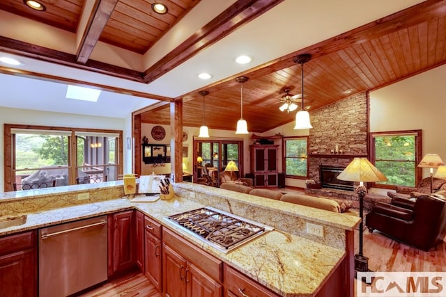 40 Piney Ridge Ct, Sapphire, NC 28774 - kitchen with stainless steel appliances, open floor plan, wooden ceiling, light wood-style flooring, and recessed lighting