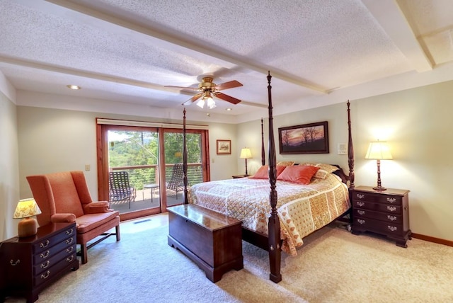 40 Piney Ridge Ct, Sapphire, NC 28774 - bedroom featuring access to outside, carpet, a textured ceiling, beamed ceiling, and recessed lighting