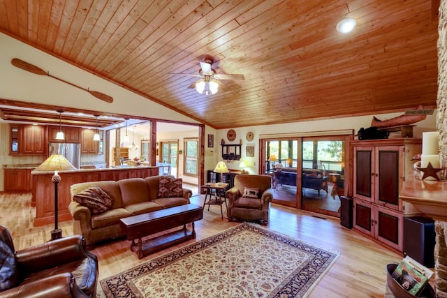 40 Piney Ridge Ct, Sapphire, NC 28774 - living room featuring wooden ceiling, lofted ceiling, healthy amount of natural light, a ceiling fan, and light wood finished floors