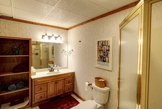 40 Piney Ridge Ct, Sapphire, NC 28774 - bathroom with vanity, a stall shower, ornamental molding, and a drop ceiling