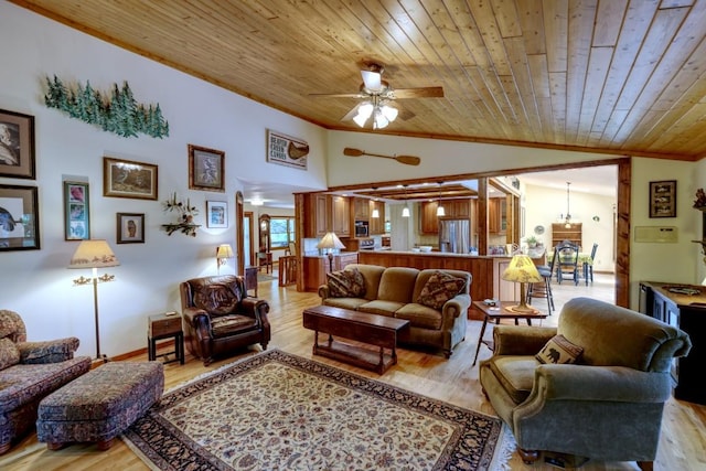 40 Piney Ridge Ct, Sapphire, NC 28774 - living area featuring wooden ceiling, crown molding, a ceiling fan, lofted ceiling, and light wood-style flooring