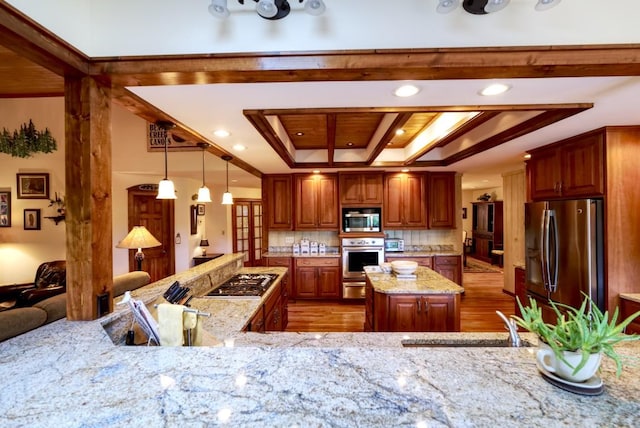 40 Piney Ridge Ct, Sapphire, NC 28774 - kitchen with stainless steel appliances, a kitchen island, a raised ceiling, light wood-type flooring, and light stone counters