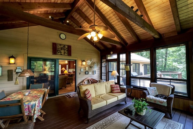 40 Piney Ridge Ct, Sapphire, NC 28774 - living area with wood walls, wood-type flooring, wood ceiling, and a ceiling fan