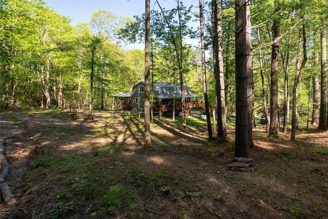 view of yard featuring a forest view
