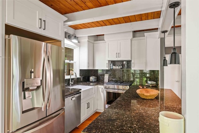 kitchen featuring stainless steel appliances, beam ceiling, backsplash, white cabinetry, and wooden ceiling