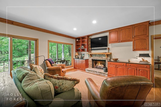 living room with a fireplace, hardwood / wood-style flooring, and crown molding