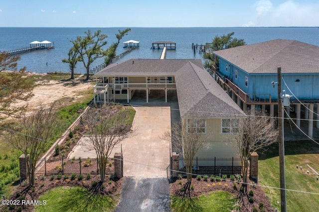 exterior space with a water view