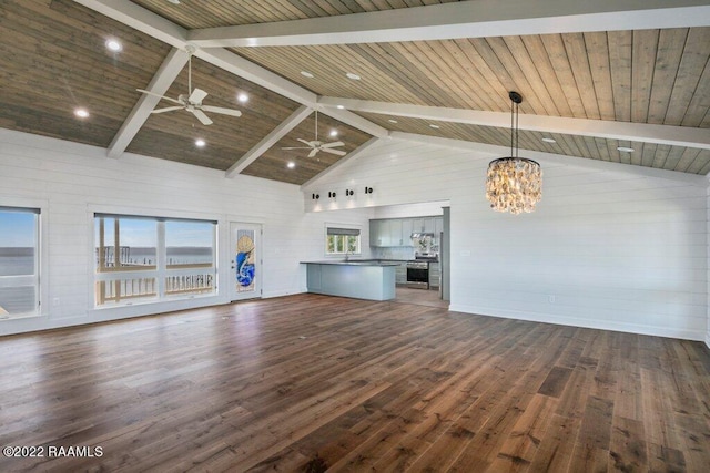 unfurnished living room with beam ceiling, ceiling fan with notable chandelier, high vaulted ceiling, wooden ceiling, and dark hardwood / wood-style floors