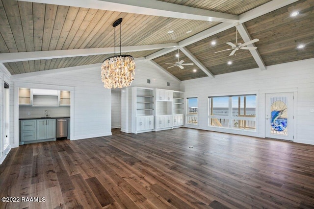 unfurnished living room with wood ceiling, high vaulted ceiling, dark hardwood / wood-style floors, and beam ceiling