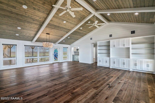 unfurnished living room featuring wood ceiling, high vaulted ceiling, dark hardwood / wood-style floors, and beam ceiling