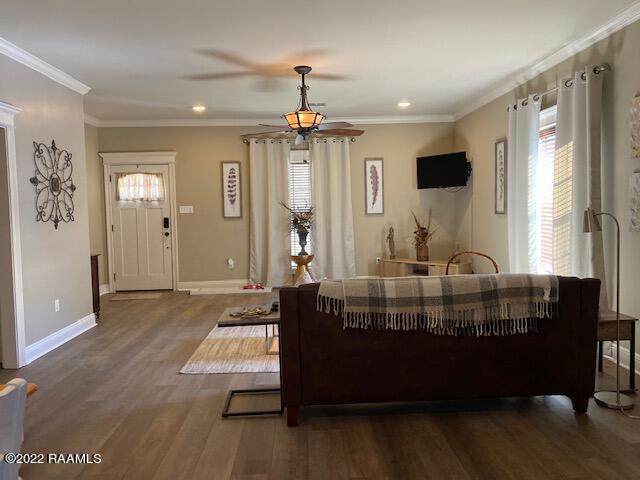 living room featuring ornamental molding and dark wood-type flooring