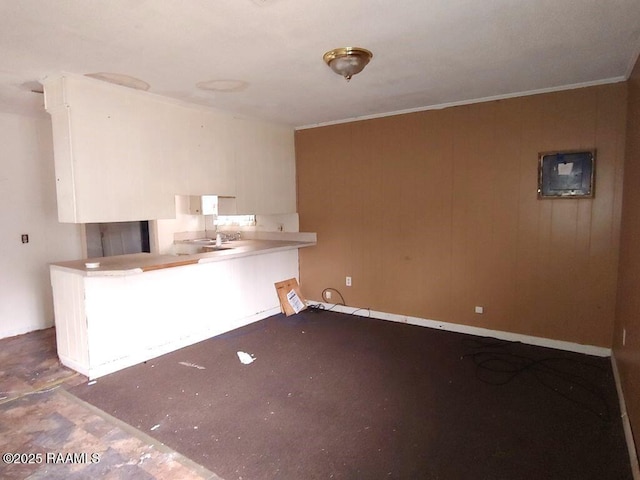 kitchen with light countertops, crown molding, and a peninsula