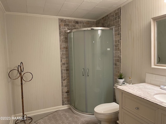 bathroom featuring tile flooring, vanity, toilet, and walk in shower