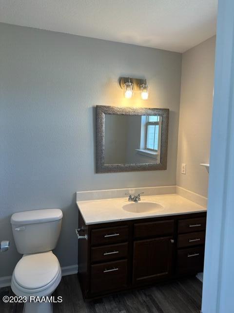 bathroom with toilet, vanity, and hardwood / wood-style flooring