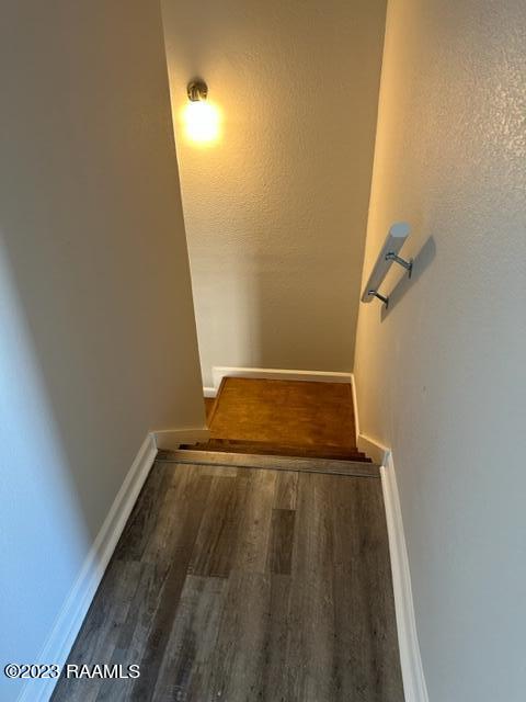 staircase with dark wood-type flooring