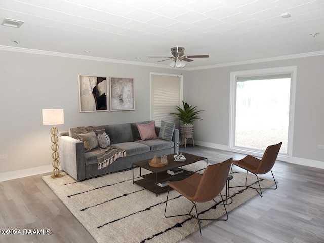 living room featuring crown molding, ceiling fan, and light hardwood / wood-style flooring