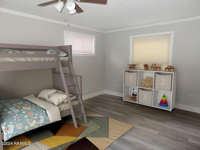 bedroom featuring ornamental molding, ceiling fan, and dark hardwood / wood-style flooring