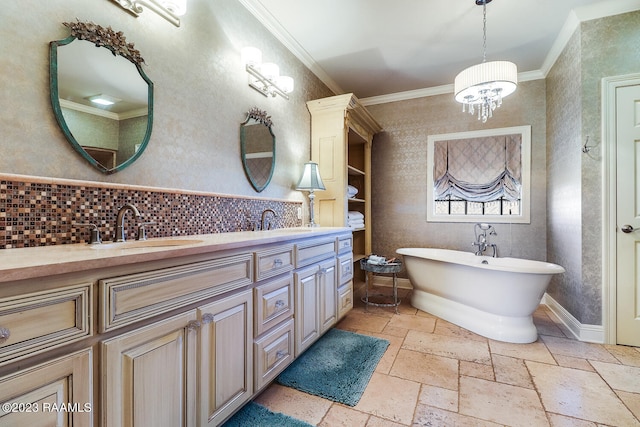 bathroom featuring backsplash, an inviting chandelier, double sink vanity, tile flooring, and ornamental molding