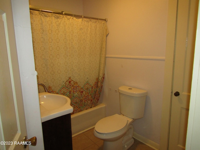 full bathroom with toilet, tile flooring, vanity, and shower / bath combination with curtain