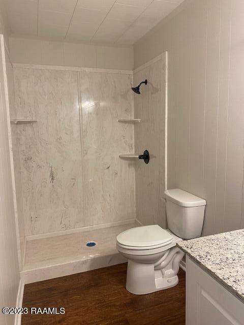 bathroom with vanity, hardwood / wood-style floors, a shower, and toilet