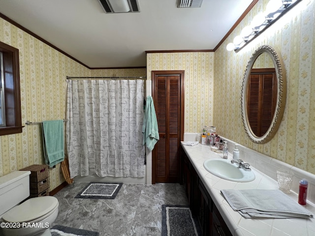 bathroom featuring crown molding, oversized vanity, toilet, and tile floors