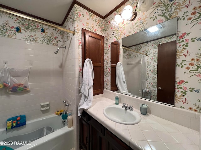 bathroom with shower / bathtub combination with curtain, ornamental molding, and vanity with extensive cabinet space