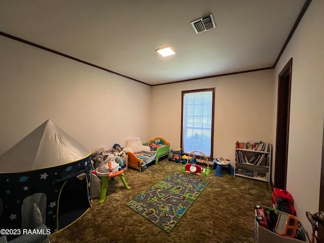 game room with carpet flooring and crown molding