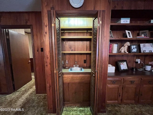 office space featuring wood walls and sink