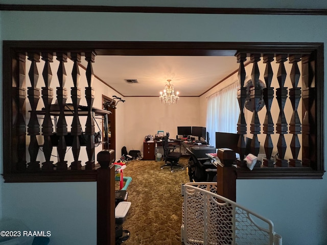 interior space with an inviting chandelier and crown molding