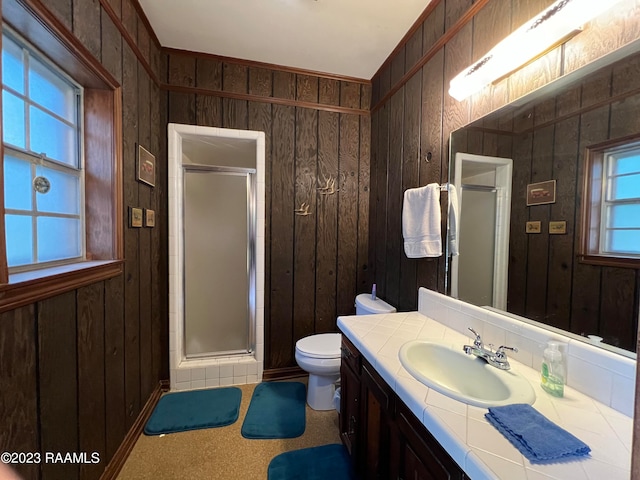 bathroom featuring wooden walls, toilet, large vanity, and a shower with door