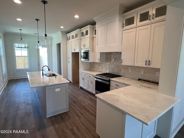 kitchen with dark hardwood / wood-style flooring, white cabinetry, appliances with stainless steel finishes, and a center island with sink