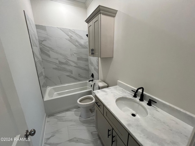 full bathroom with tiled shower / bath, vanity, and toilet