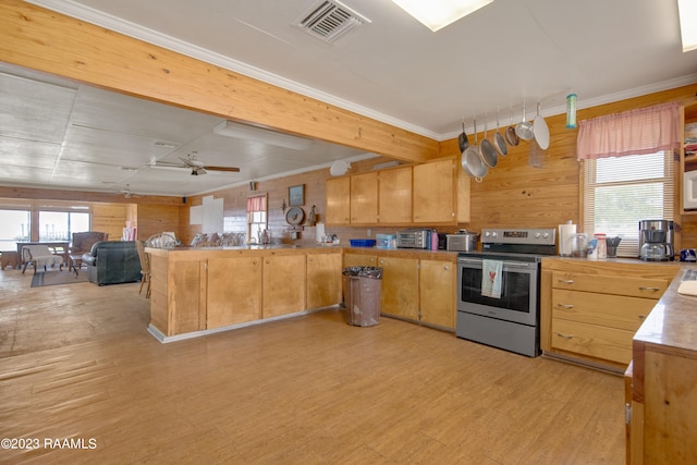 kitchen with ceiling fan, a wealth of natural light, stainless steel range with electric cooktop, and light hardwood / wood-style floors