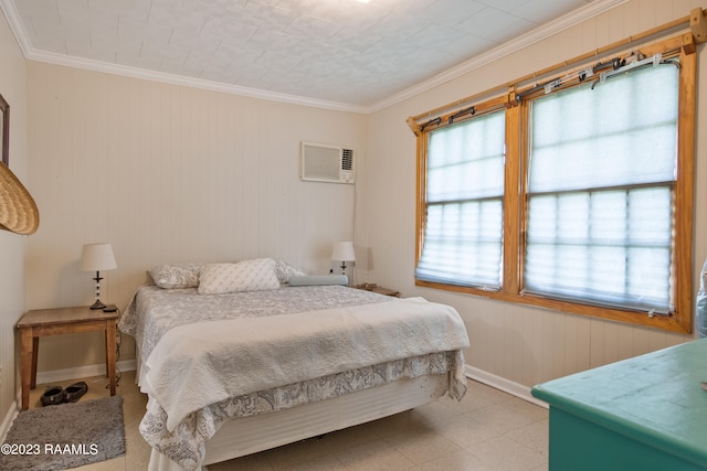 tiled bedroom with multiple windows and ornamental molding