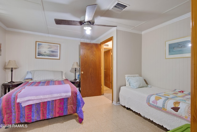 bedroom featuring ceiling fan, ornamental molding, and light tile floors