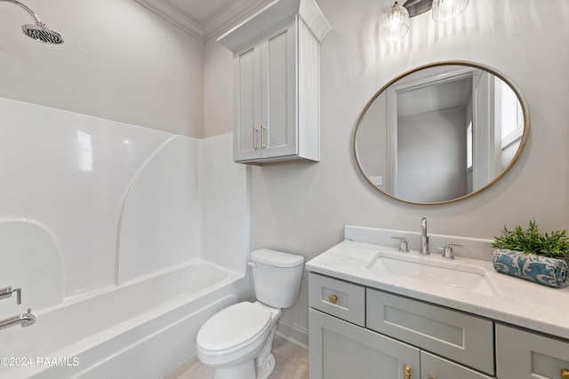 full bathroom featuring tile patterned flooring, tub / shower combination, crown molding, toilet, and vanity