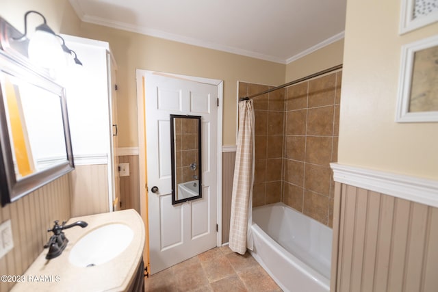 bathroom with shower / tub combo, ornamental molding, tile floors, and vanity with extensive cabinet space