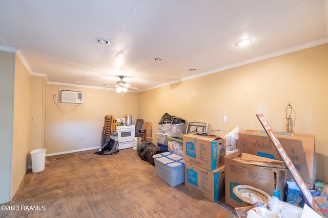 interior space featuring an AC wall unit and ceiling fan