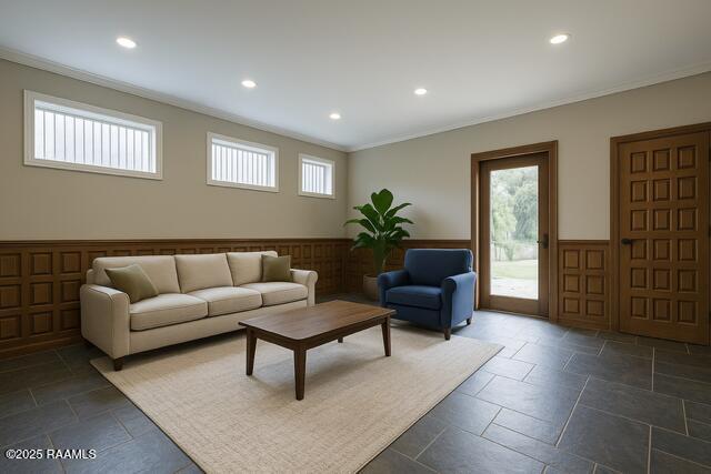 living room featuring crown molding, recessed lighting, and stone tile flooring
