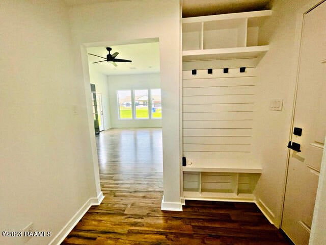 mudroom featuring ceiling fan and dark wood-type flooring