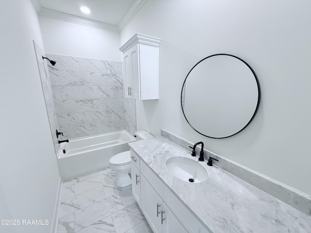 full bath featuring ornamental molding, toilet, vanity, marble finish floor, and bathing tub / shower combination