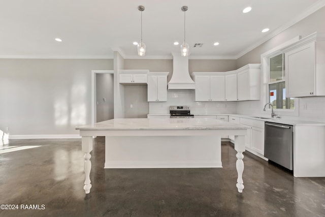 kitchen featuring a center island, stainless steel appliances, light stone counters, premium range hood, and white cabinets