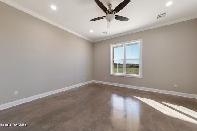 unfurnished room featuring ceiling fan and ornamental molding