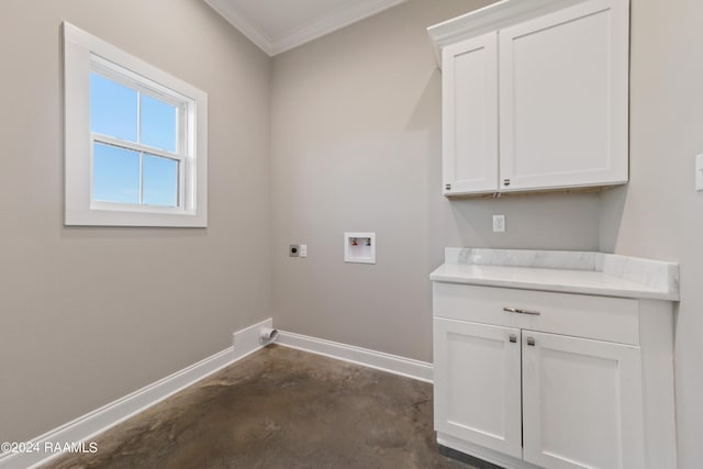 laundry room with washer hookup, hookup for an electric dryer, cabinets, and crown molding