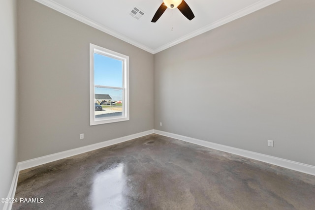 spare room with ceiling fan and ornamental molding