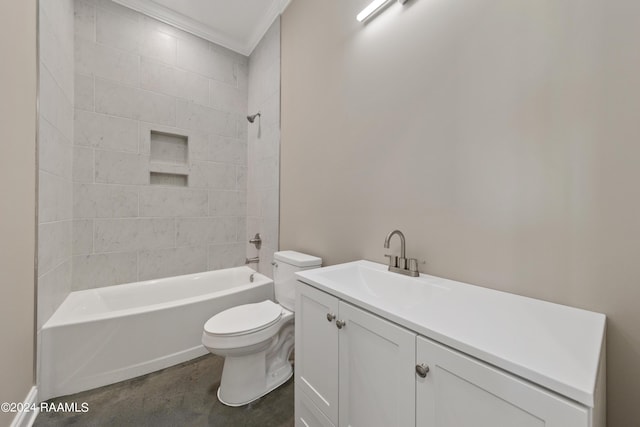 full bathroom featuring vanity, toilet, tiled shower / bath, and crown molding