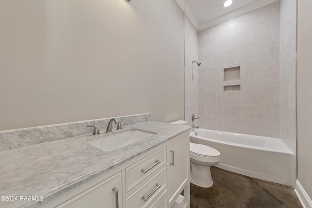 full bathroom featuring toilet, vanity, tiled shower / bath combo, and ornamental molding